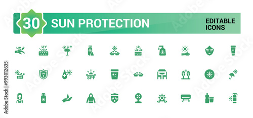 Sun protection icon set. Sunscreen, sun block, beach umbrella and more solid icons. Filled icon set. Glyph icon set for web and ui. Vector illustration.