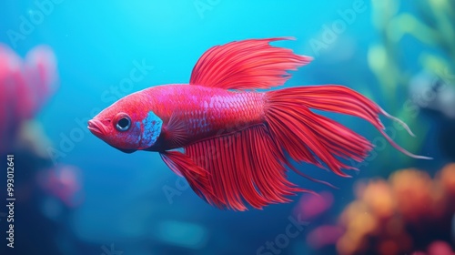 Vibrant red betta fish swimming in a colorful underwater environment.