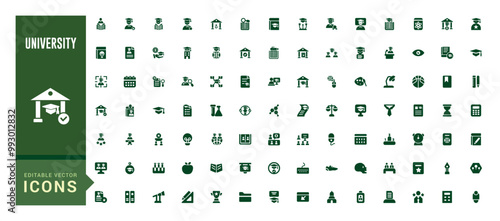 University icon pack. Containing education, learning, research institution, student and study. Filled and solid icon set. Glyph for web and ui. Vector illustration.