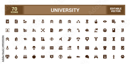 University icon pack. Containing education, learning, research institution, student and study. Filled and solid icon set. Glyph for web and ui. Vector illustration.