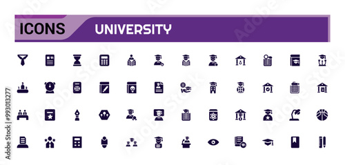 University icon pack. Containing education, learning, research institution, student and study. Filled and solid icon set. Glyph for web and ui. Vector illustration.