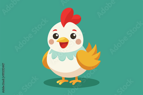 A delightful chick stands happily against a colorful backdrop, showcasing its playful design and charm, Customizable semi-flat illustration of a cute chicken.