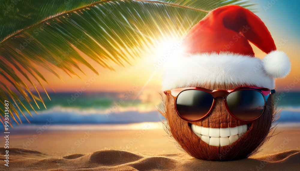 Extreme close-up of a smiling coconut with sunglasses and red Santa Claus hat on a beautiful tropical sandy beach and seascape in the background at sunset or sunrise. Generative Ai. Extreme close-up of a smiling coconut with sunglasses and red Santa Claus hat on a beautiful tropical sandy beach and seascape in the background at sunset or sunrise. Generative Ai.