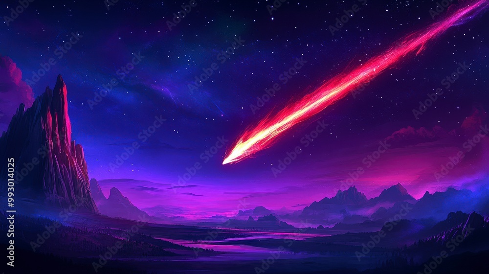 Meteor streaking across a vibrant night sky over mountains and river Meteor streaking across a vibrant night sky over mountains and river