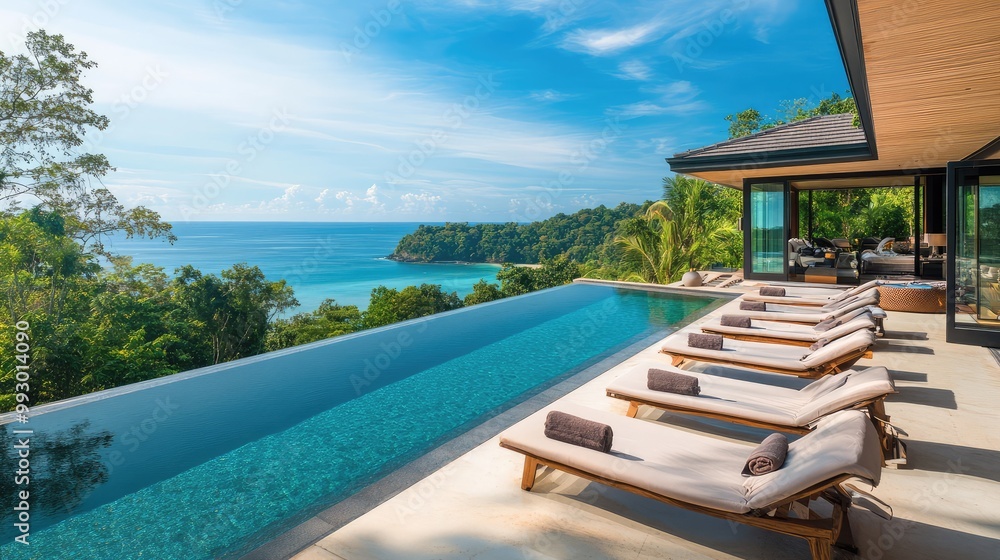 Fototapeta premium Secluded beach villa with an infinity pool and uninterrupted views of a tranquil ocean