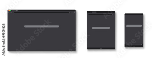 Responsive browser window mockup with url address bar, search box and toolbar. Vector set of web site template for software presentation on computer or laptop, tablet and mobile phone screen.