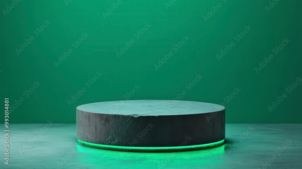 Futuristic concrete platform with green neon light and minimalist design Futuristic concrete platform with green neon light and minimalist design