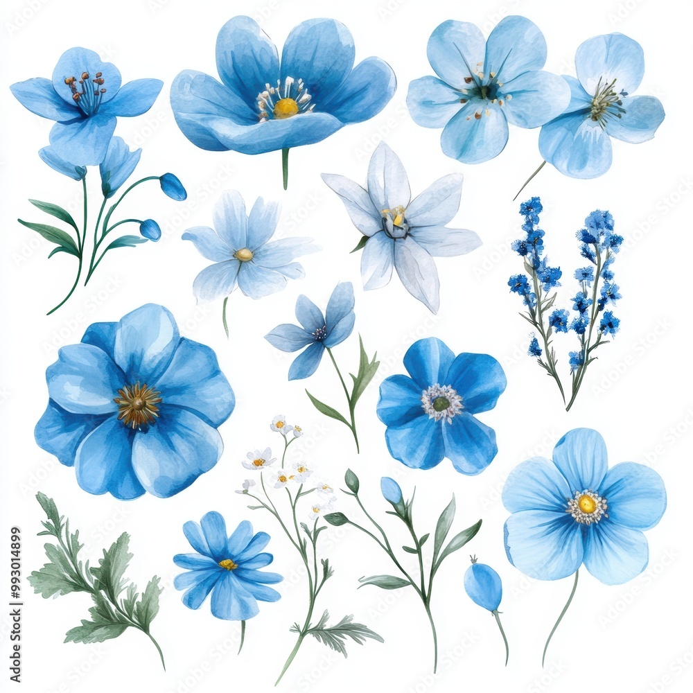 Blue Flower Watercolor Set. Blue Flower Watercolor Set.