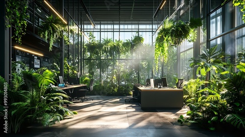 Office space with lush green plants. Sustainable environment concept

 photo