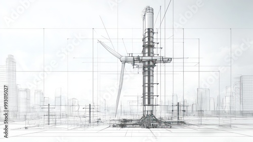 Technical drawing for a vertical wind turbine installation in an urban environment, detailing base structures and grid connectivity