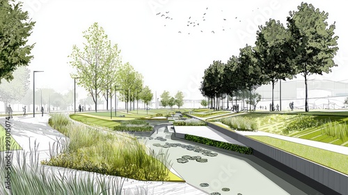 Technical drawing for a sustainable urban drainage system, mitigating flood risks while enhancing public green spaces