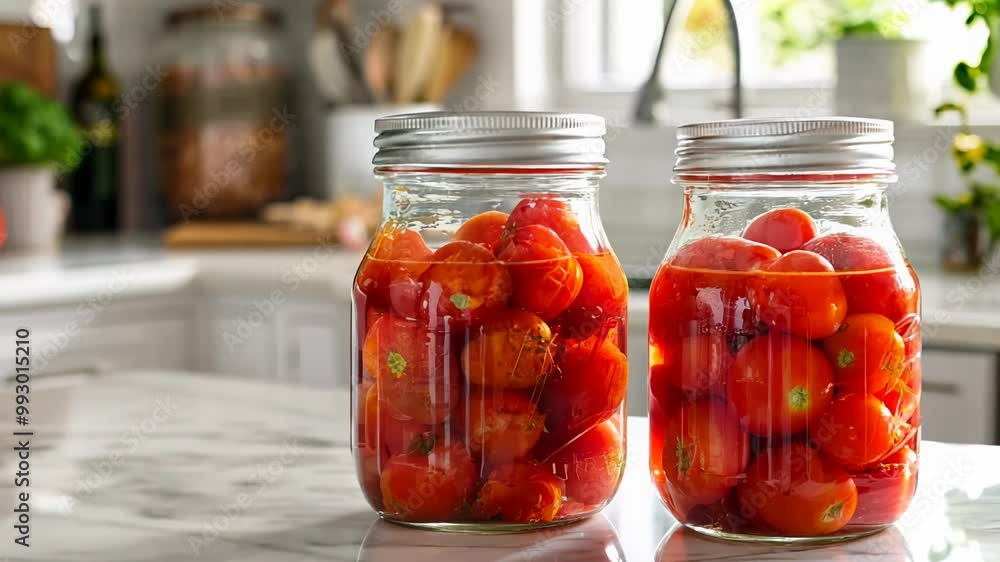 Jars of Fresh Cherry Tomatoes on a Marble Kitchen Counter in a Bright Modern Kitchen Jars of Fresh Cherry Tomatoes on a Marble Kitchen Counter in a Bright Modern Kitchen