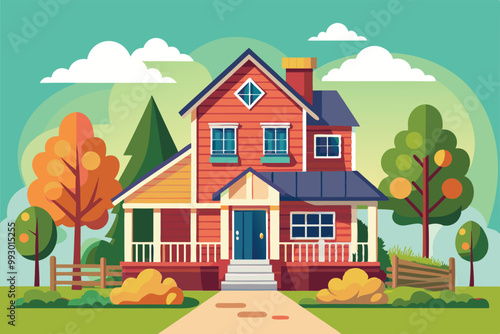 A charming farm house is set against a lively background of trees and shrubs, reflecting a pleasant day, Customizable semi-flat illustration of a farm house.