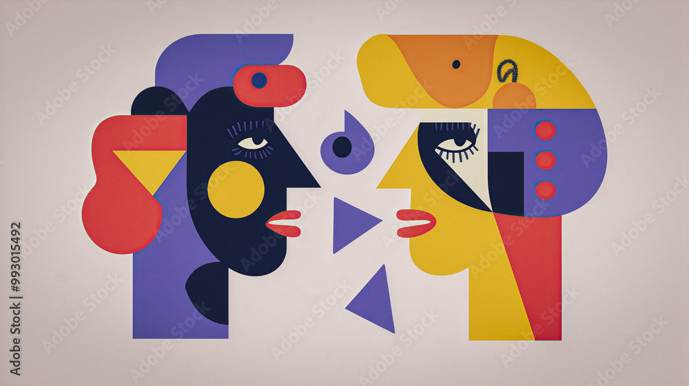 Fototapeta premium Colorful abstract faces in a vibrant conversation, abstract dynamic modern style artwork, AI generated