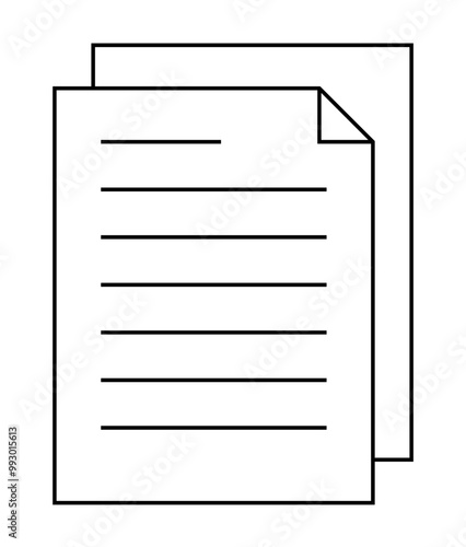Two overlapping documents with horizontal lines representing text in a clean, minimalist line art style. Ideal for document management, office tasks, writing and editing, organizational themes