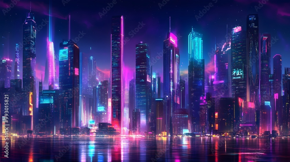 Futuristic Neon Cityscape with Vibrant Lights and Sleek Buildings Reflecting Off Glowing Skyline Futuristic Neon Cityscape with Vibrant Lights and Sleek Buildings Reflecting Off Glowing Skyline