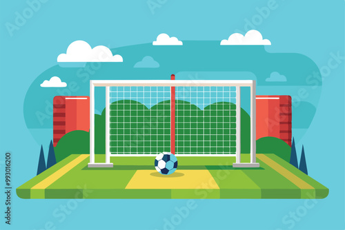 A detailed illustration displays a football positioned near a goal in a vibrant park under a clear sky, Customizable semi-flat illustration of a football goal.