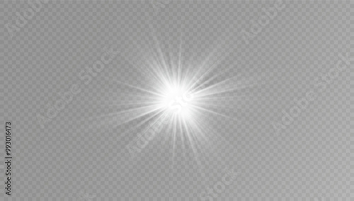 White glowing light explodes on a transparent background. with ray. Transparent shining sun, bright flash. Special lens flare light effect.	