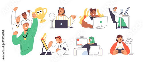 Video games players set. People play videogames. Gamers with joystick or computer streaming esport competition, tournament. Cybersport team celebrates win. Flat isolated vector illustrations on white