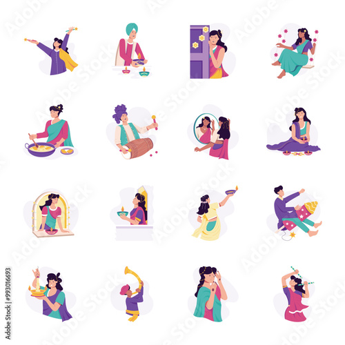 Handy Set of Diwali Festival Flat Illustrations 