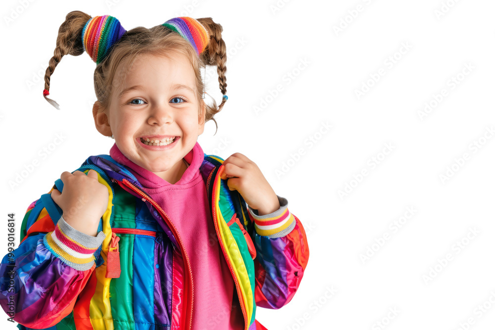A first-grade student wearing a colorful backpack, their face full of excitement for going to school, on a white background. A first-grade student wearing a colorful backpack, their face full of excitement for going to school, on a white background.