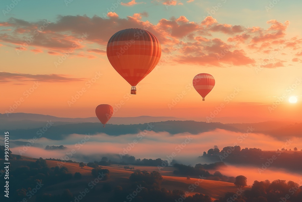 Hot air balloons in sky with beautiful landscape Hot air balloons in sky with beautiful landscape