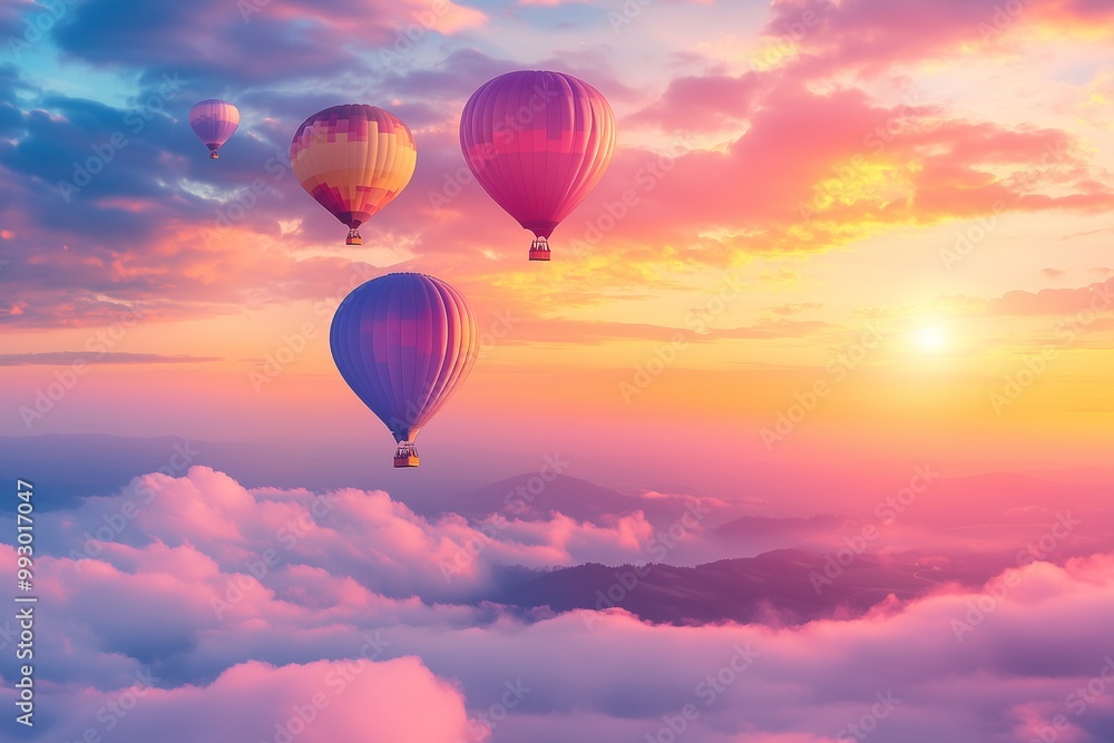 Obraz premium Hot air balloons in sky with beautiful landscape