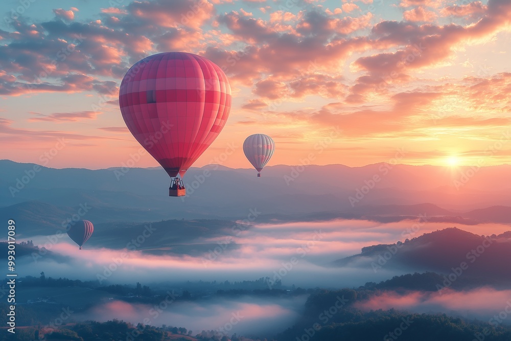 Hot air balloons in sky with beautiful landscape Hot air balloons in sky with beautiful landscape