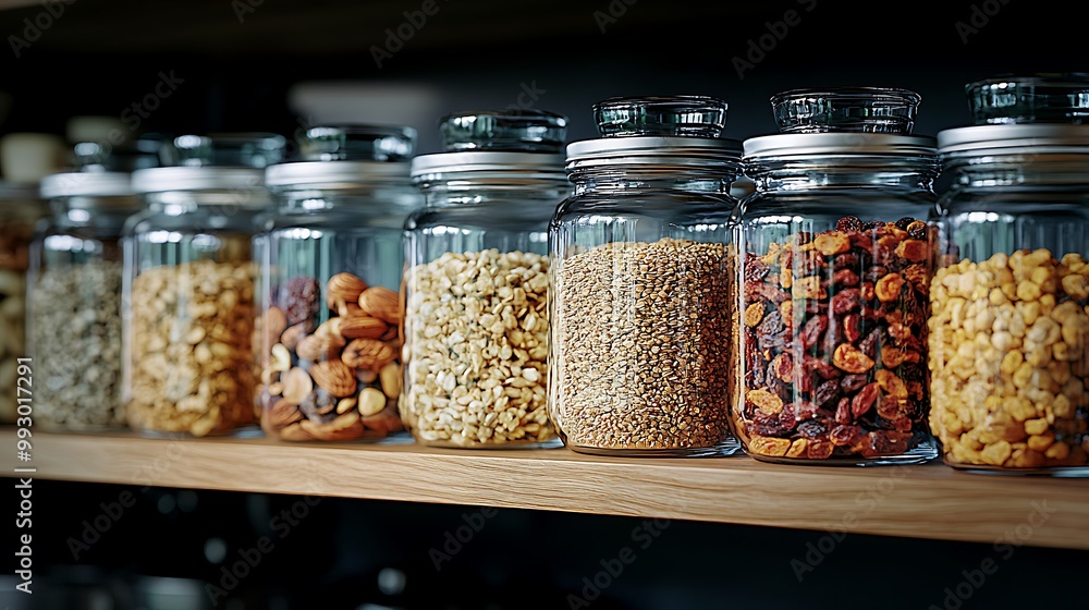 A close-up of glass jars on a kitchen shelf filled with grains, nuts, and dried fruits, promoting a zero-waste lifestyle, soft sunlight reflecting off the glass and wooden surfaces. A close-up of glass jars on a kitchen shelf filled with grains, nuts, and dried fruits, promoting a zero-waste lifestyle, soft sunlight reflecting off the glass and wooden surfaces.