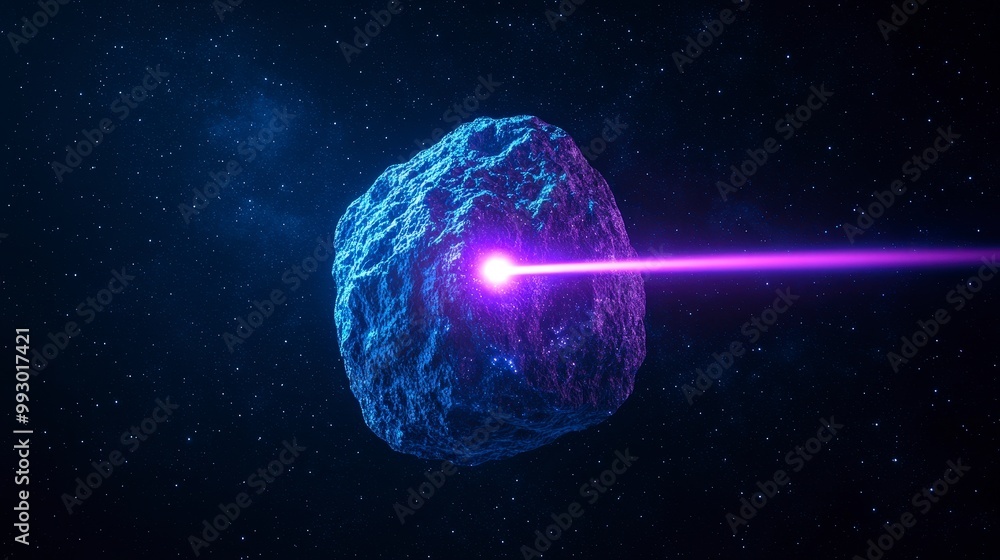 Asteroid in space with purple laser beam striking the center Asteroid in space with purple laser beam striking the center