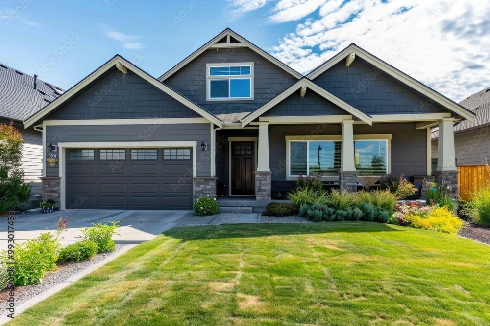 American House. Beautiful Exterior with Covered Porch, Garage, and Driveway American House. Beautiful Exterior with Covered Porch, Garage, and Driveway