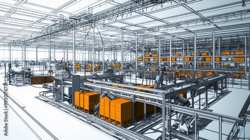 Technical drawing of an automated logistics warehouse, with detailed robot pathways and loading zones
