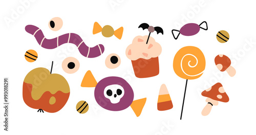 Halloween candies set. Festive sweets, lollipop, gummy worms, gelatin eyeball...