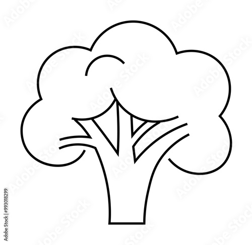 A clear black outline drawing of a broccoli on a white background. It features a stylized, simple design with a top cluster and a single stalk. Ideal for use in healthy food promotions, nutritional