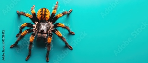 Golden tarantula crawling on a smooth turquoise background, emphasizing its delicate hairs and exotic allure