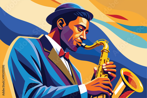 A jazz saxophonist expresses emotion through music, surrounded by bold colors and smooth lines, Customizable semi-flat illustration of a jazz saxophonist.