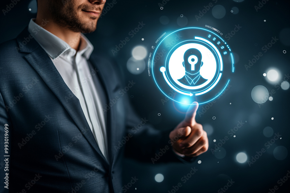 Businessman Touching Digital Profile Icon with Keyhole Businessman Touching Digital Profile Icon with Keyhole