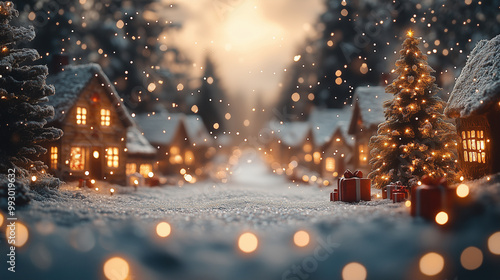 Christmas village background. Christmas tree close up with blurred holiday lights, gifts and forest neighborhood backdrops