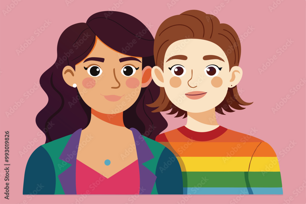 A cheerful depiction of a lesbian couple poses together, showcasing their love and connection, Customizable semi flat illustration of a lesbian couple A cheerful depiction of a lesbian couple poses together, showcasing their love and connection, Customizable semi flat illustration of a lesbian couple