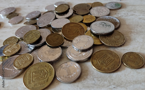 Konstfotografi coins, set of coins kopecks Ukrainian coins on the table