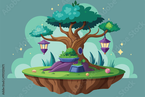 A magical tree with lush foliage rests on a floating island, surrounded by glowing lanterns and colorful stones, Customizable semi-flat illustration of a magic tree.