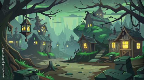 Print Desolate Village Cursed by Witches Halloween Background Vector with Eerie Atmosphere and Haunting Scenery