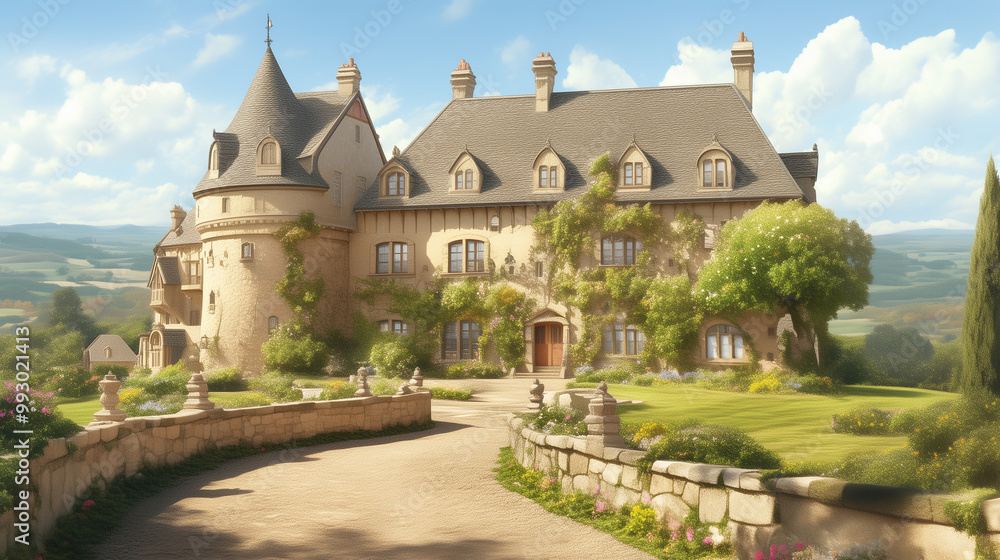 Naklejka premium A fairytale-like castle stands majestically atop a hill, overlooking a picturesque landscape. 