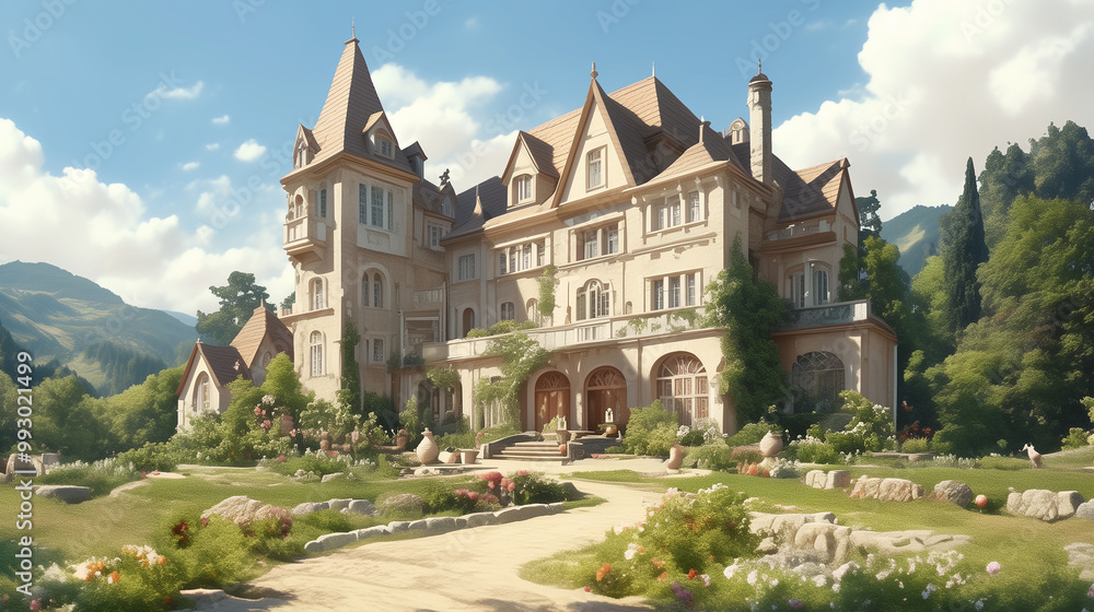 Naklejka premium A majestic chateau stands tall against a backdrop of towering mountains.