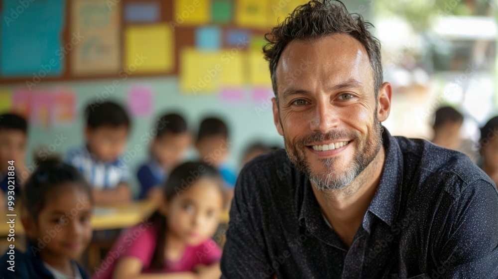 Portrait of smiling male teacher in a class at elementary school looking at camera