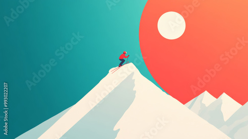 a skier skiing on top of a mountain, simple, siloutte style, miniamlist wallpaper photo