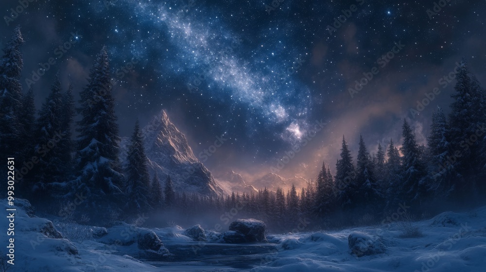 Obraz premium Snowy mountain peak under a starry night sky.