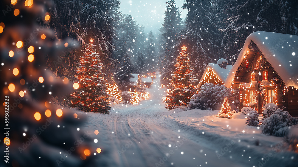 Naklejka premium Christmas village background. Christmas tree close up with blurred holiday lights, gifts and forest neighborhood backdrops