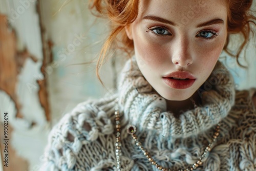 Sweater Model. Vintage Boho Jewelry and Pastel Woolen Sweater on Glamour Girl