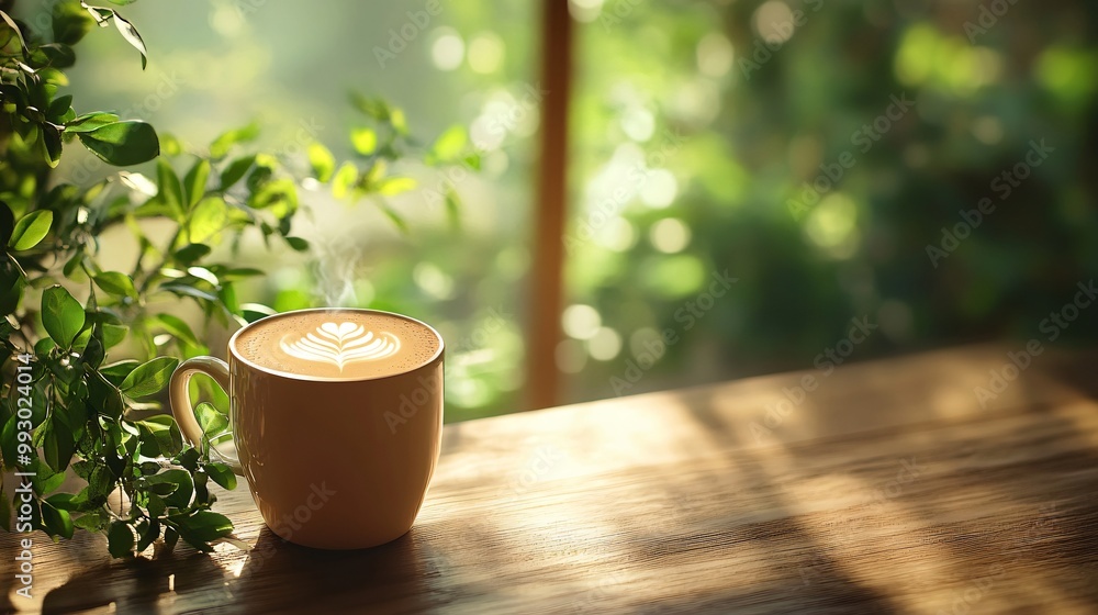 Cup of coffee with a leaf design on the top of the foam, steaming, sitting on a wood table with a blurred green leafy background. Cup of coffee with a leaf design on the top of the foam, steaming, sitting on a wood table with a blurred green leafy background.